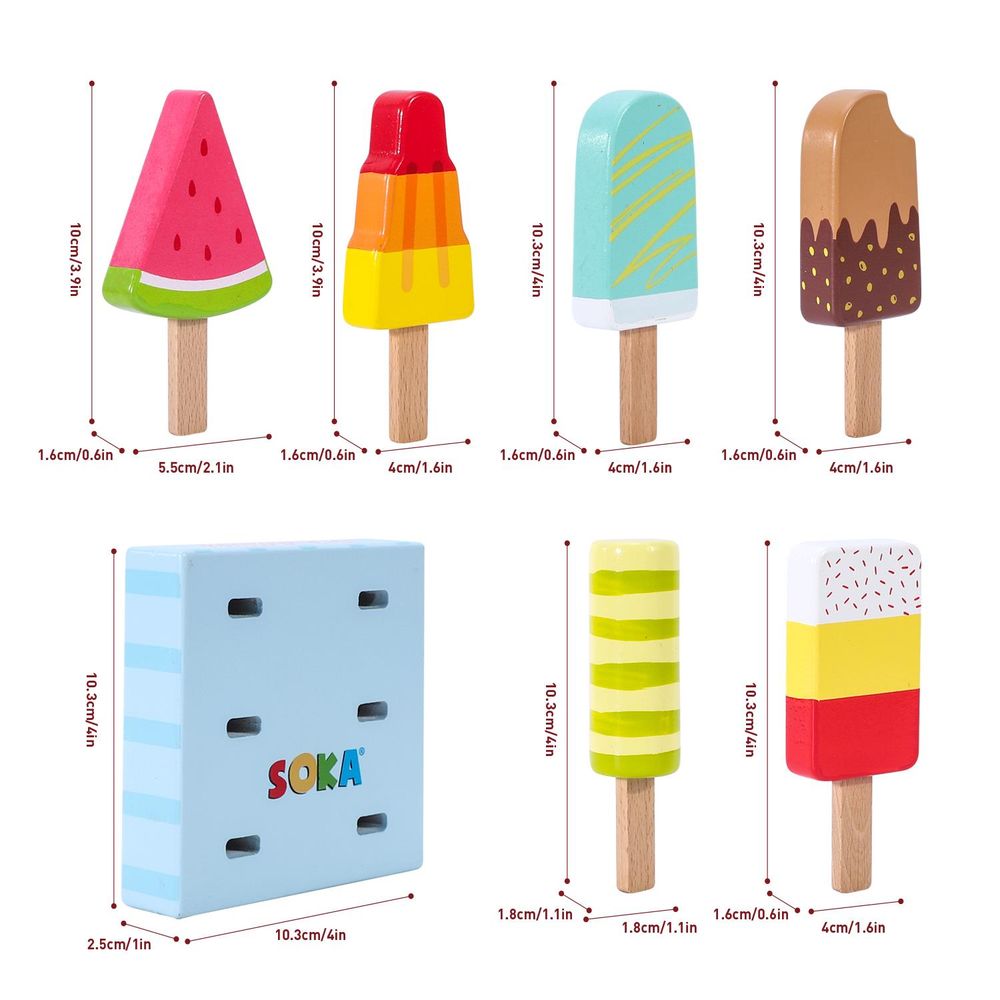 SOKA Wooden Ice Lollies 7 pcs Ice Cream Popsicle Selection Pretend Play Set 3+