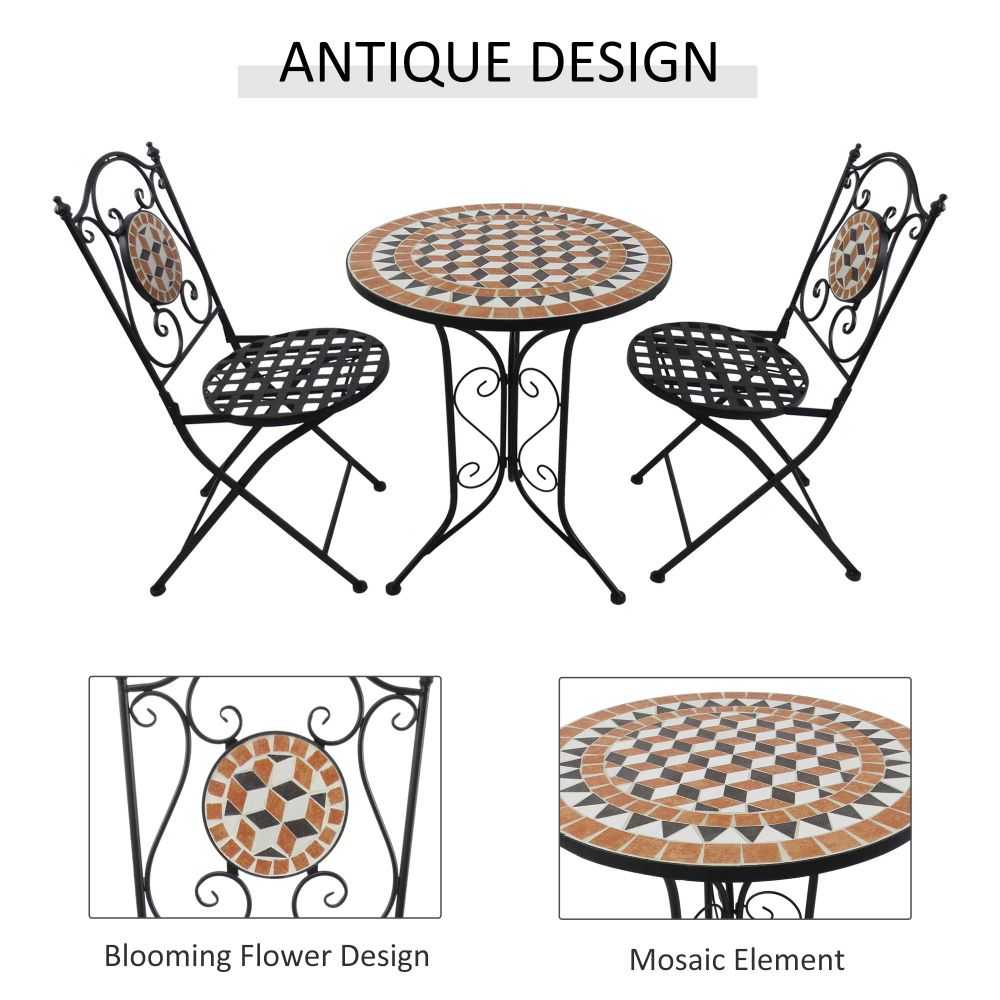 Outsunny 3 Pcs Mosaic Bistro Table Chairs Set-Black/Orange/White
