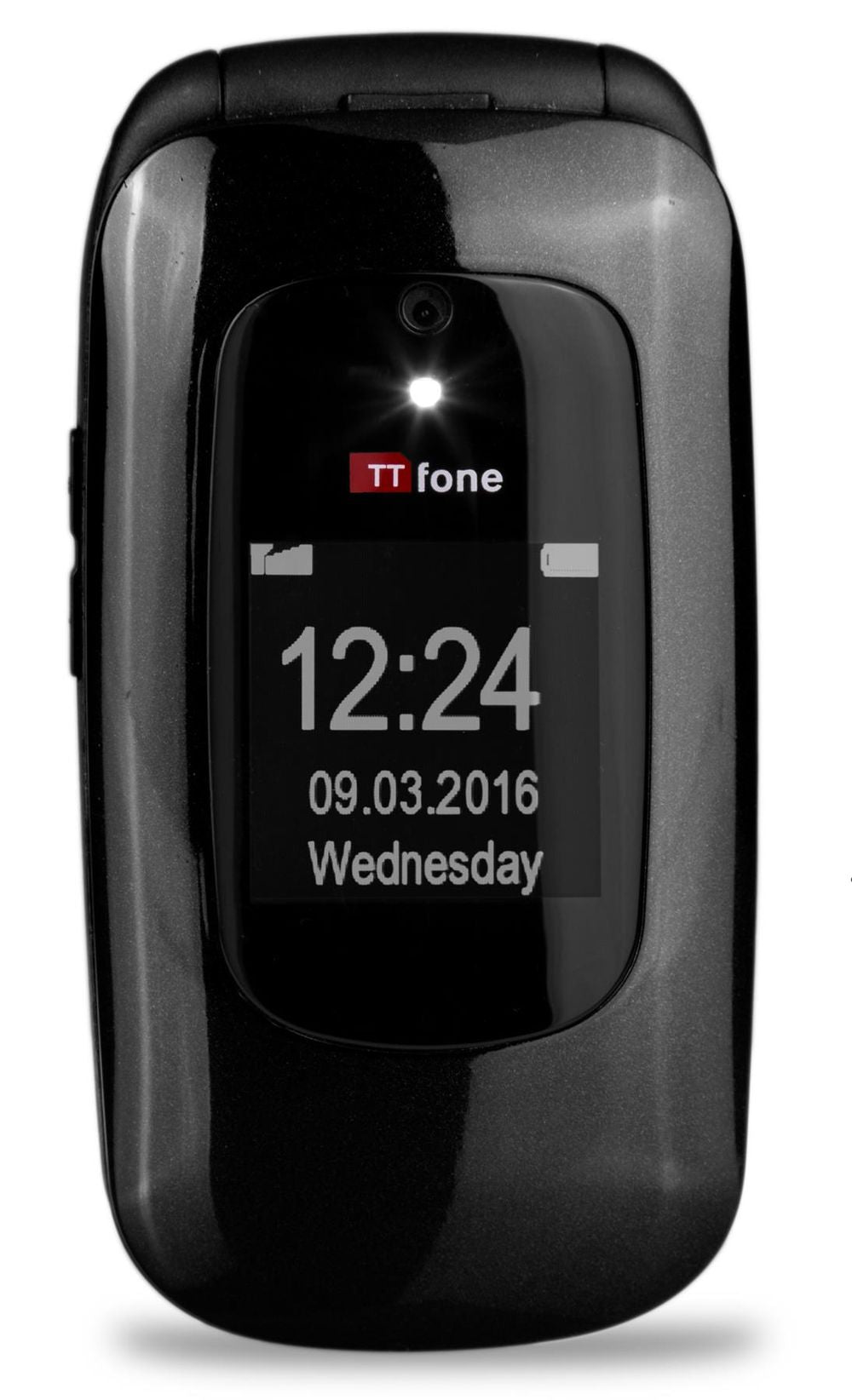 TTfone TT750 Lunar BLACK Flip Folding Dual Screen Big Button Mobile Phone with Dock Charger and Vodafone Sim Card