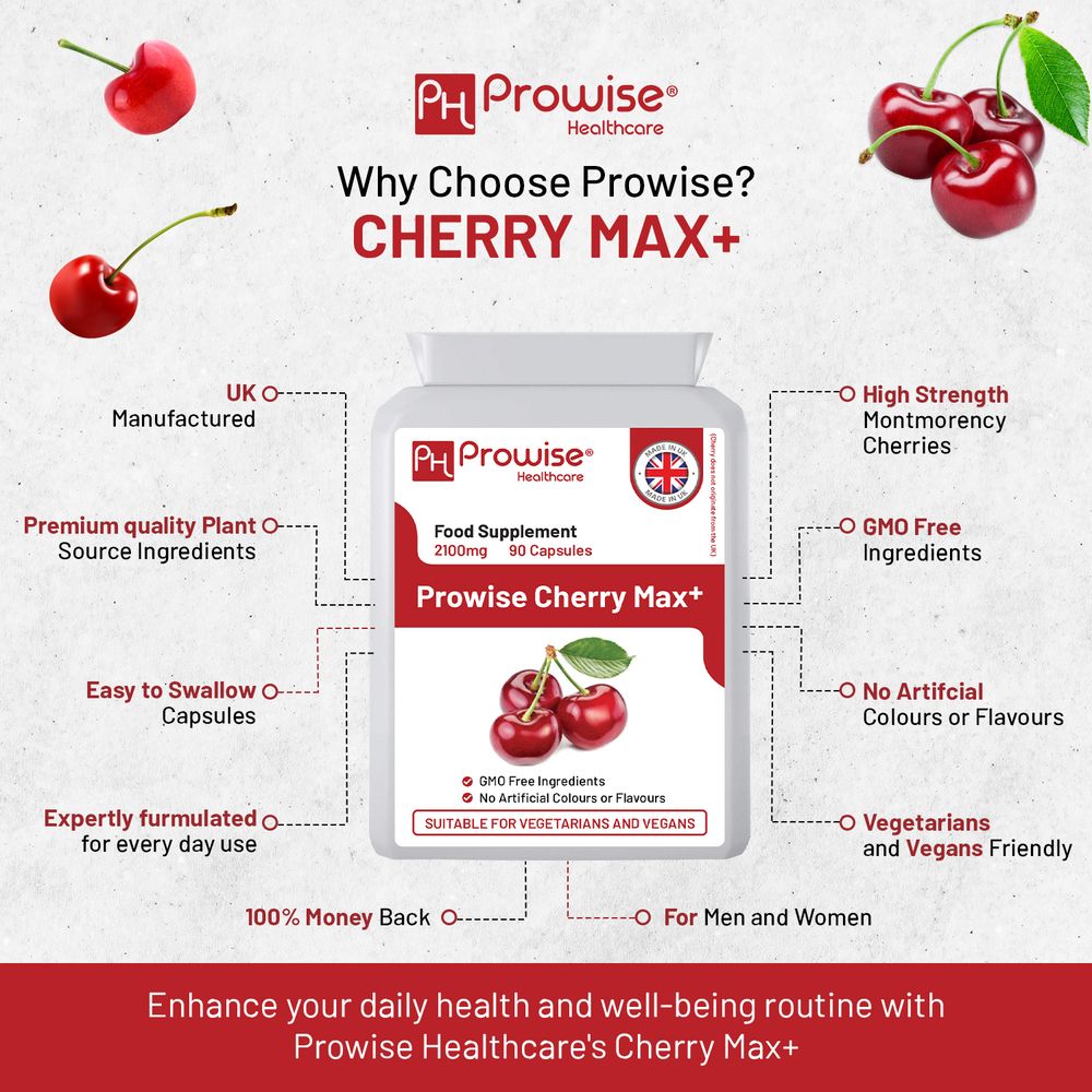 Cherry Max+ 2100mg Montmorency Cherry Added with Black Cherry I 90 Vegan Capsules High Strength I Made in The UK