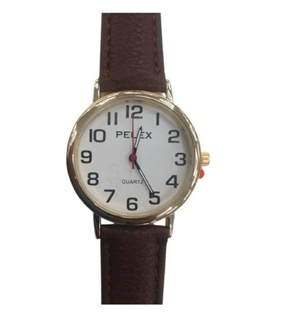 PELEX  Gents Leather Strap Quartz Watch PLX-010-GOLD-WHT-BRN