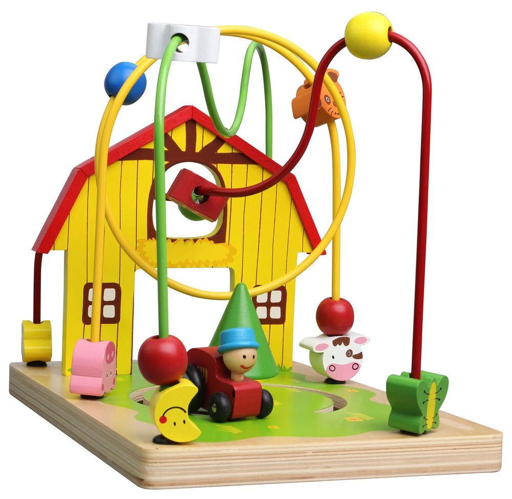 Lelin Wooden Childrens Wire Farm Animals Bead Frame Roller Coaster Maze Toy Set