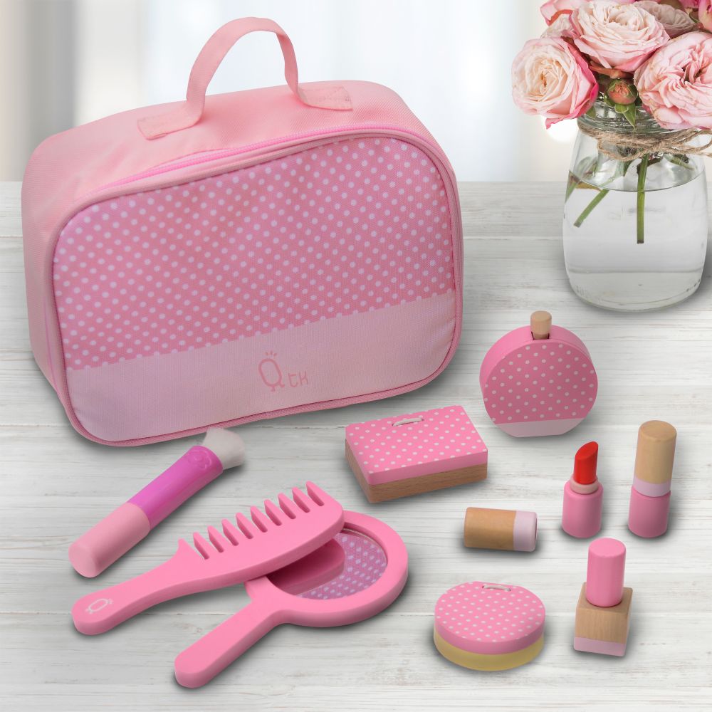 Wooden Vanity Set Makeup Kit with 10 Accessories Pink TK-W00010