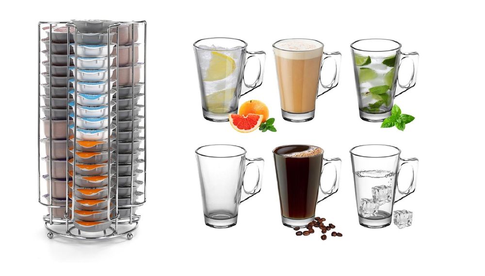 3 Tower Chrome Storage Stand for 48 Coffee Pod - Includes 6 Latte Glasses