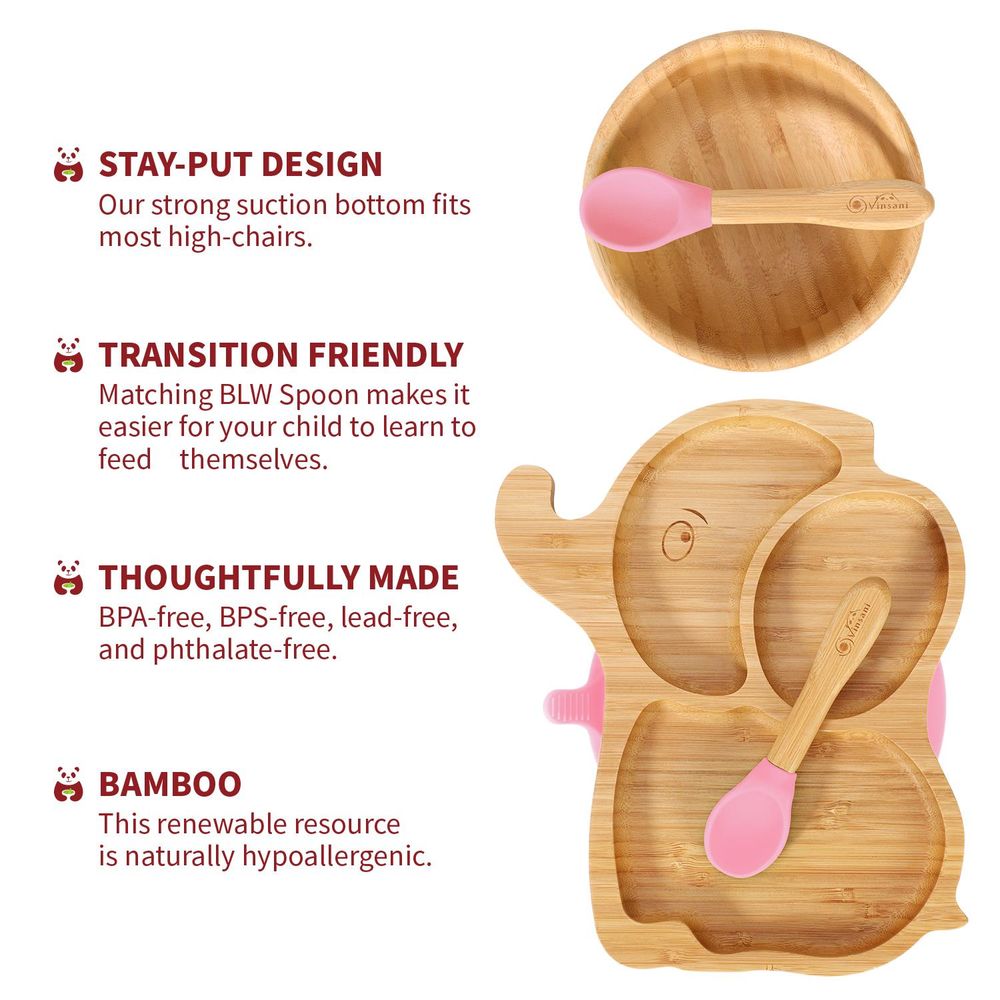 Bamboo Elephant Plate Bowl & Spoon Set Suction Bowl Stay-Put Design