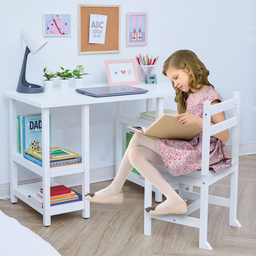 Wooden Writing Desk & Shelves, Children's Play Table & Chair Set, White