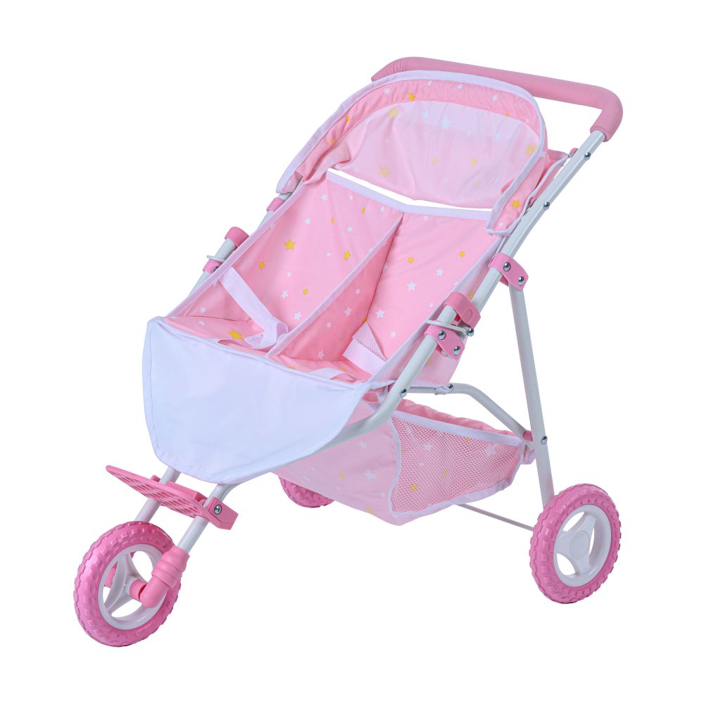Olivia's Little World Double Twin Baby Doll Pram Stroller Pink Stars OL-00012