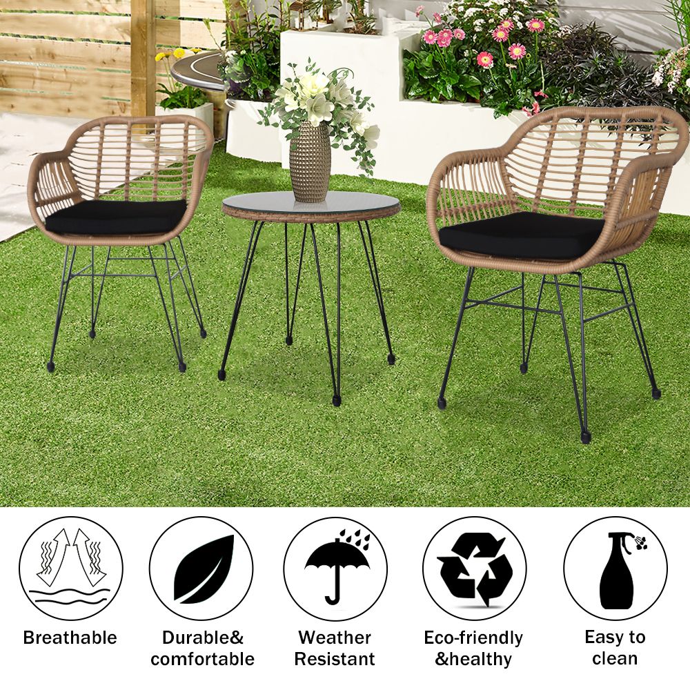 Oshion 3 pcs Wicker Rattan Patio Conversation Set with Tempered Glass Table Flaxen Yellow