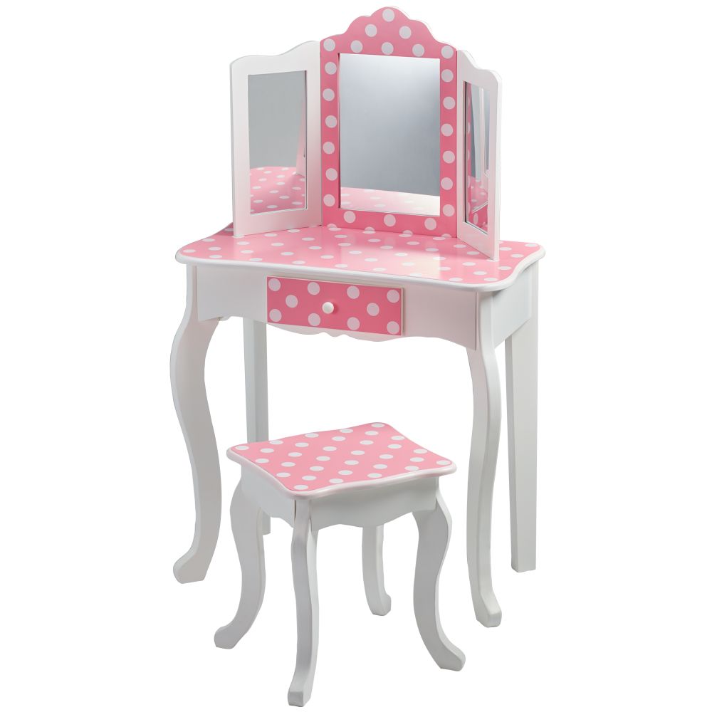 Fantasy Fields Kids Dressing Table & Stool, Vanity Set & Mirror, Polka Dots Pink
