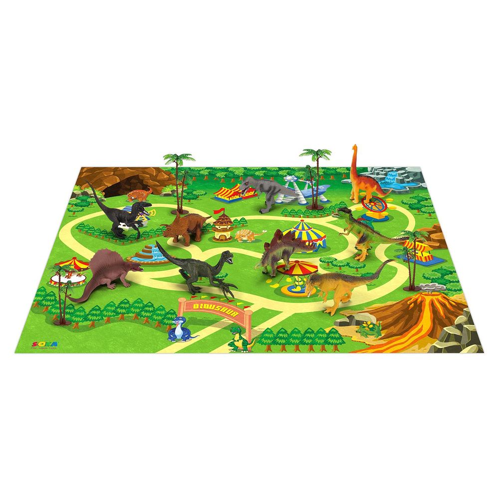 SOKA Realistic Dinosaur Toy Figure Set with Activity Play Mat & Trees for kids - Includes TRex Triceratops Velociraptor