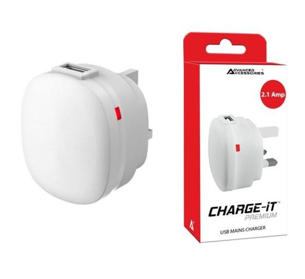 Advanced Accessories Charge-iT Premium USB Mains Charger Adapter 2.1Amp-white