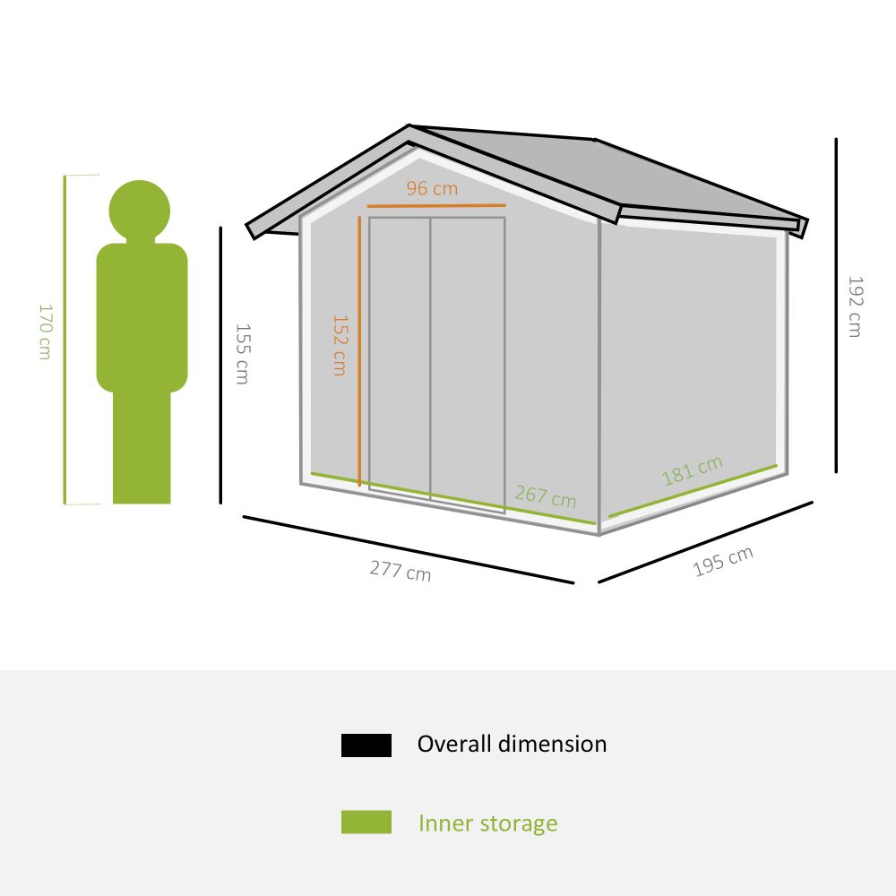9 x 6FT Garden Roofed Metal Storage with Foundation Vent & Doors, Dark Grey