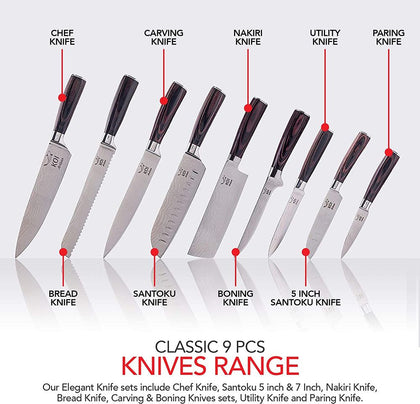Koi Artisan Professional Knife Set - Laser Etched Box (9 Pcs set)