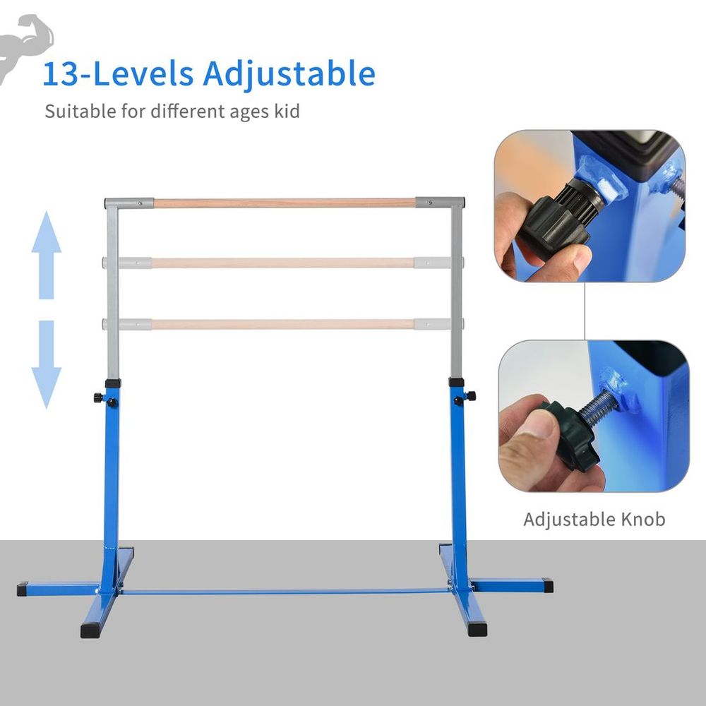Adjustable Kids Gymnastics Bar Horizontal Training w/ Steel Frame Wood Bar Blue