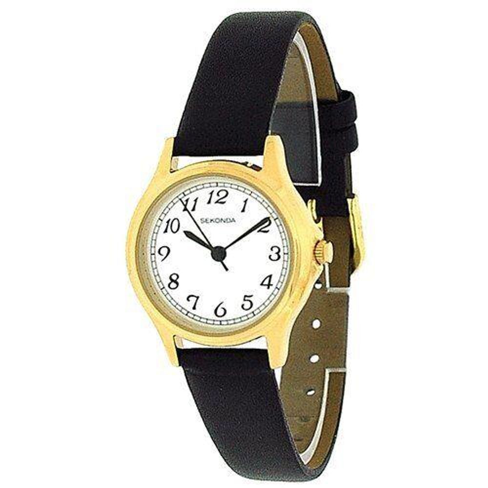Sekonda Womens Gold Plated Black Leather Strap Watch 4134