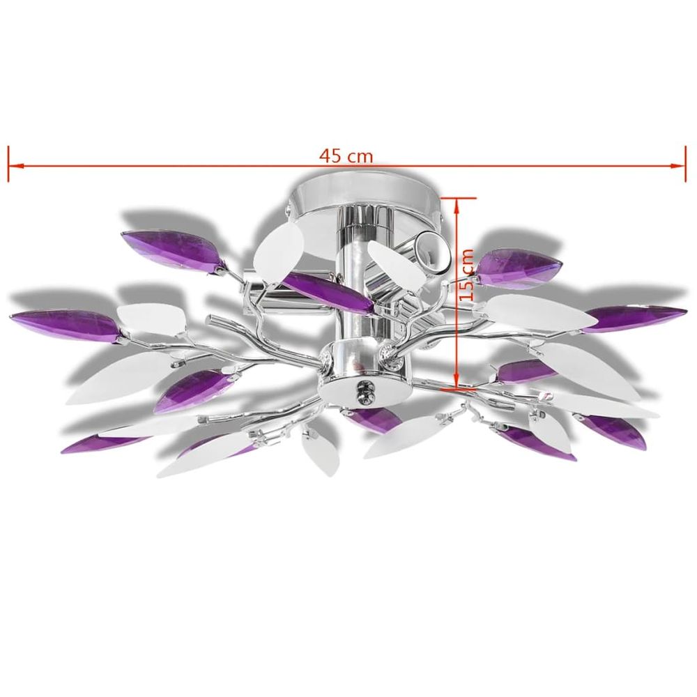 Ceiling Lamp White & Purple Acrylic Crystal Leaf Arms 3 E14 Bulbs