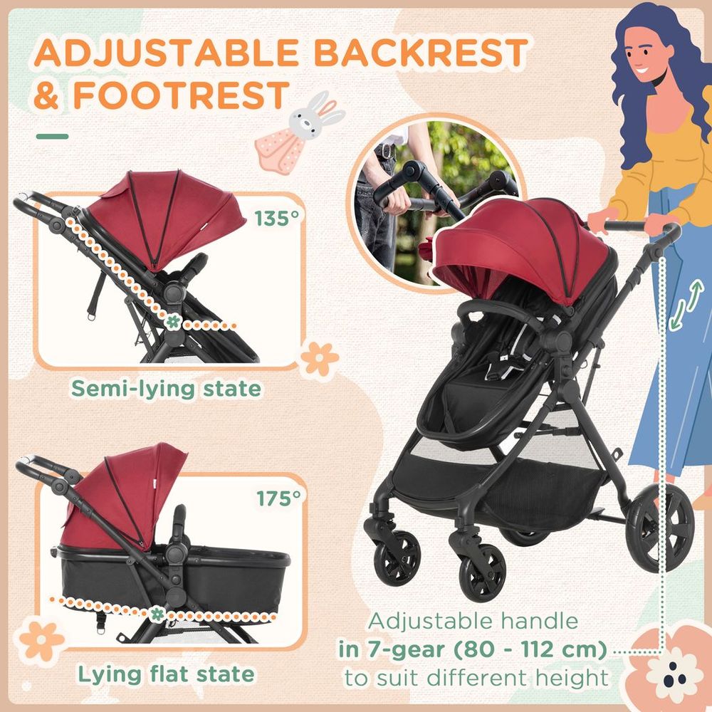 Foldable Baby Pushchair w/ Fully Reclining Backrest From Birth to 3 Years- Red