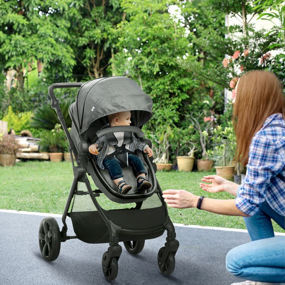 Foldable Baby Pushchair w/ Fully Reclining Backrest From Birth to 3 Years- Gey