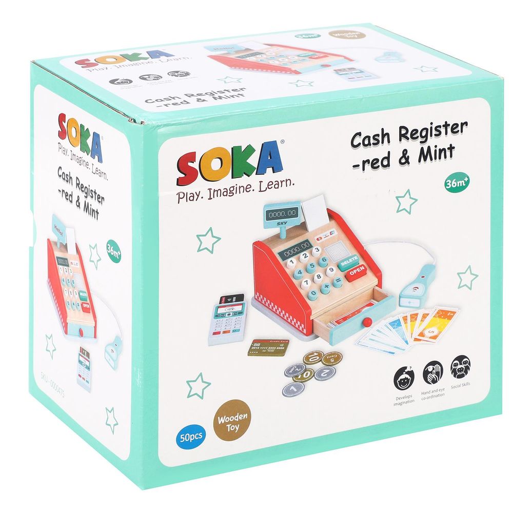 SOKA Cash Register Red and Mint Wooden Classic Cashier Role Playset for Kids 3+