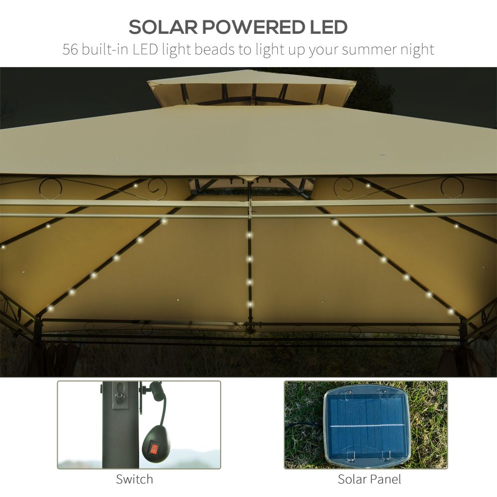 4 x 3m Outdoor Tent Garden Pavilion LED Solar Light Steel Frame, Khaki
