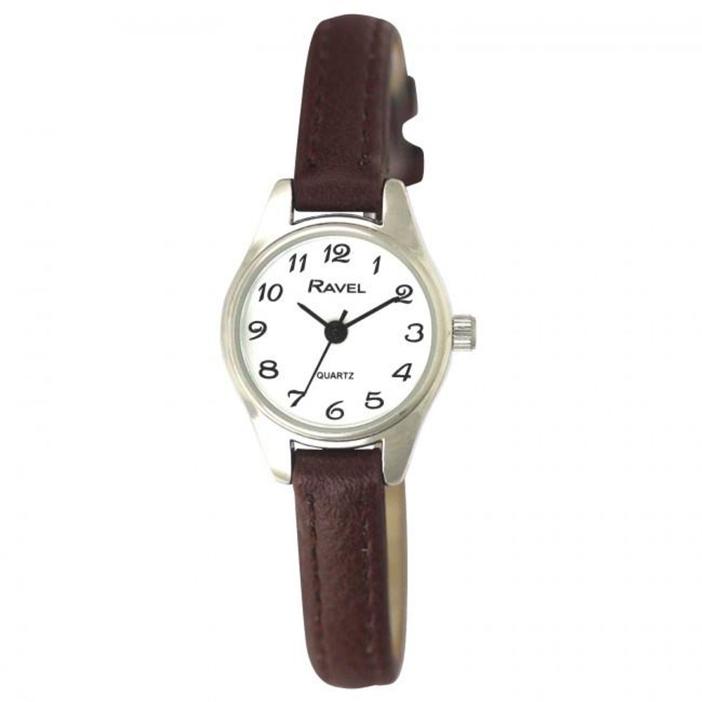 Ravel Womens Polished Round Petite Gilt Case Brown Strap Watch R0124.14.2