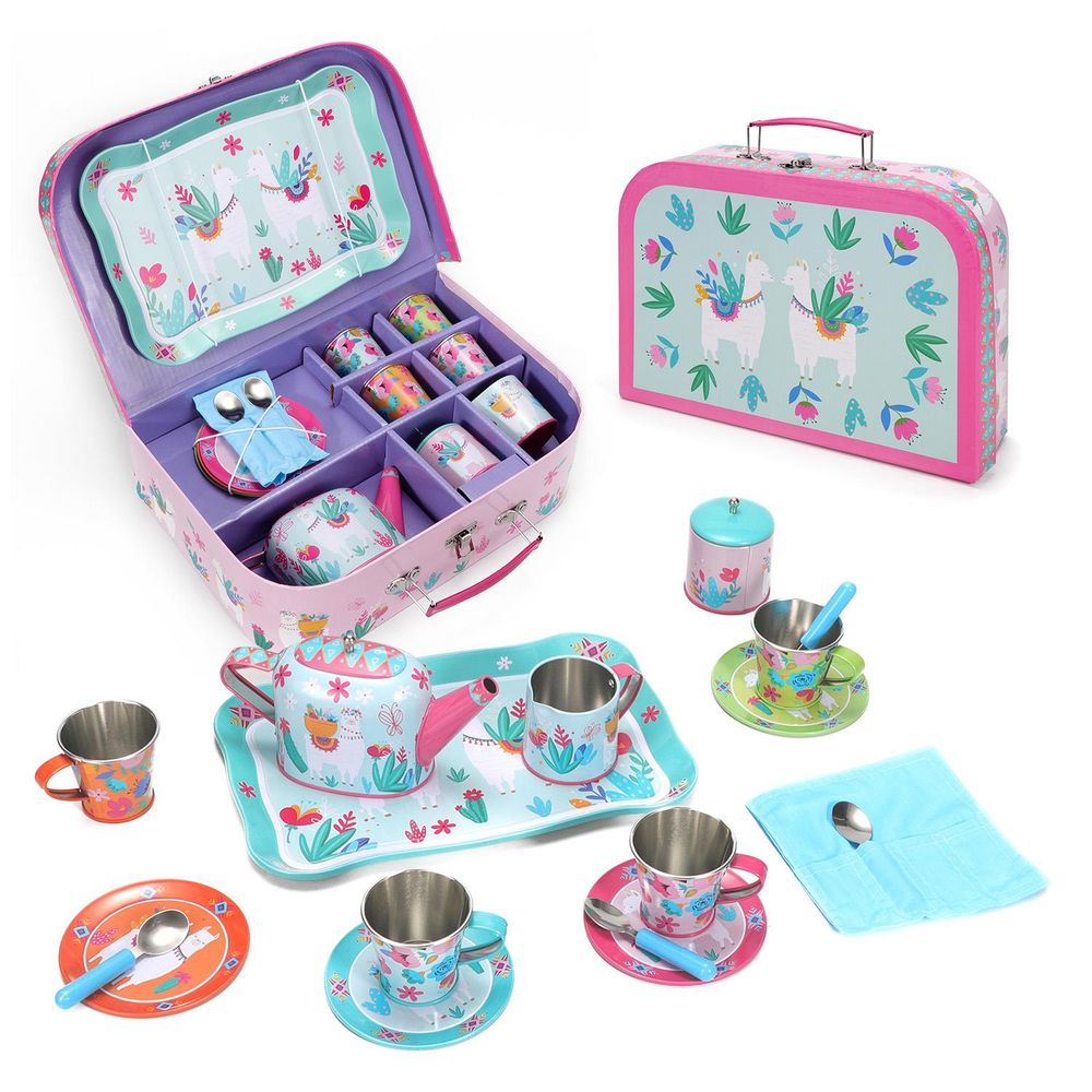SOKA 18 Pcs Llama Metal Tin Kids Teapot Tea Party Set Carry Case Toy Pretend Role Play