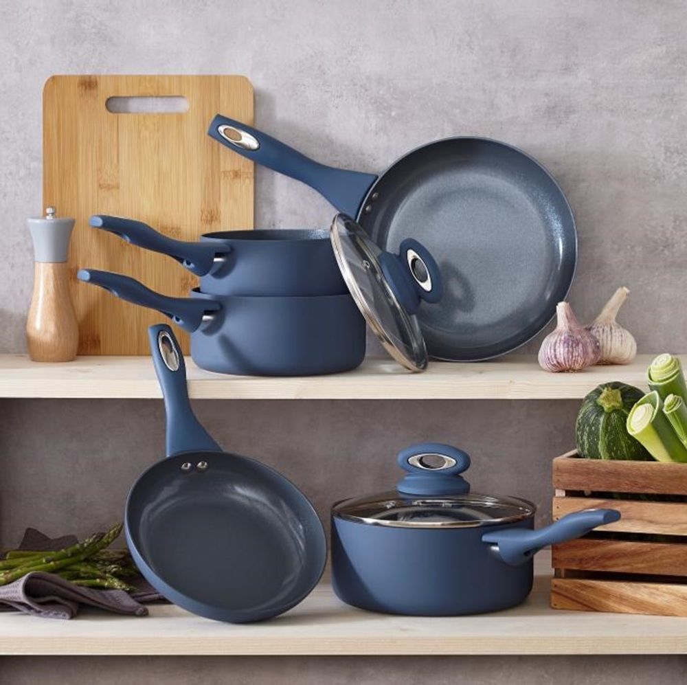 Cermalon® 5-Piece Blue Pan Set with Grey Sparkling Non-Stick Coating