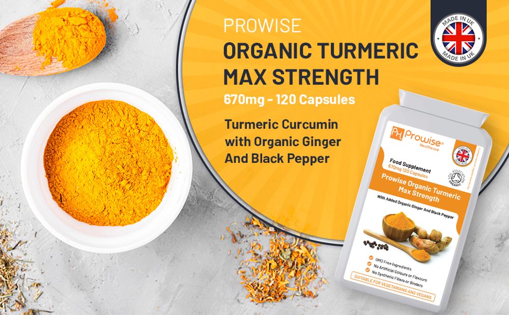 Organic Turmeric Curcumin with added Black Pepper & Ginger 670mg 120 Capsules Certified Organic by Soil Association