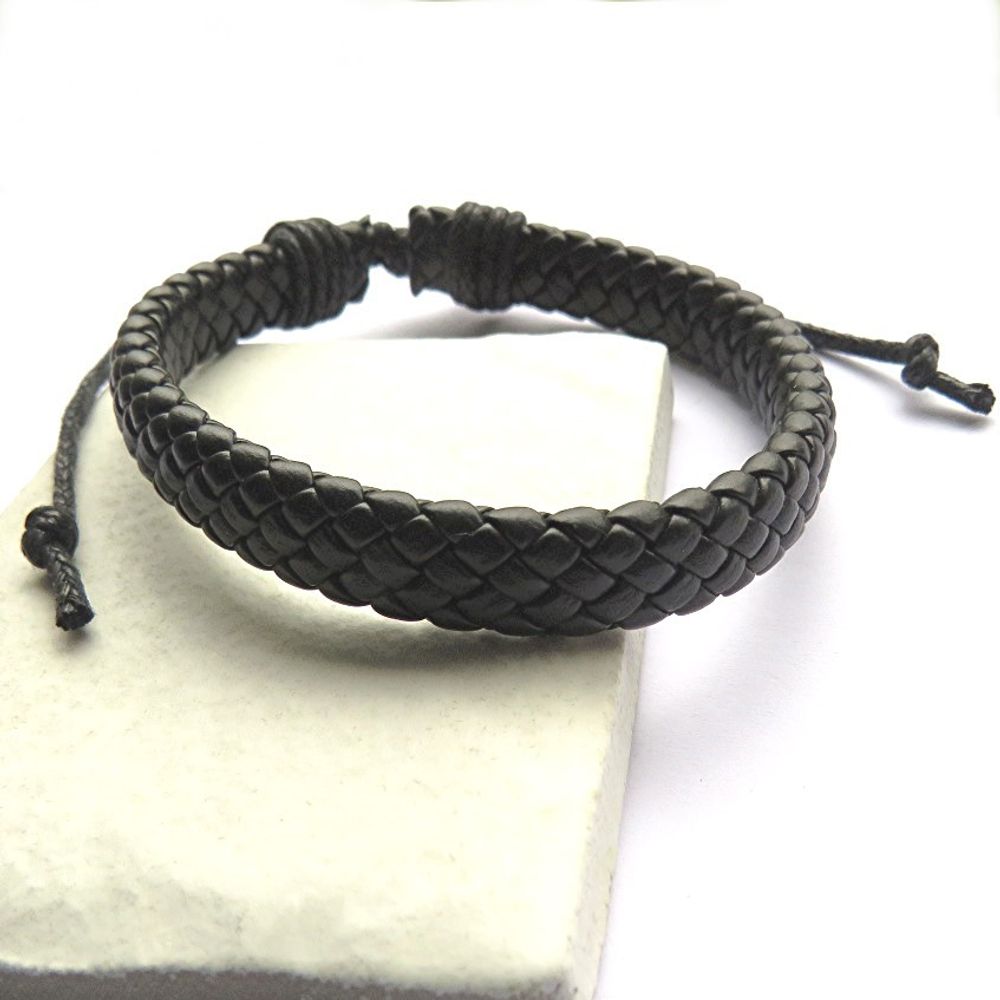Men's Black Leather Weave Bracelet